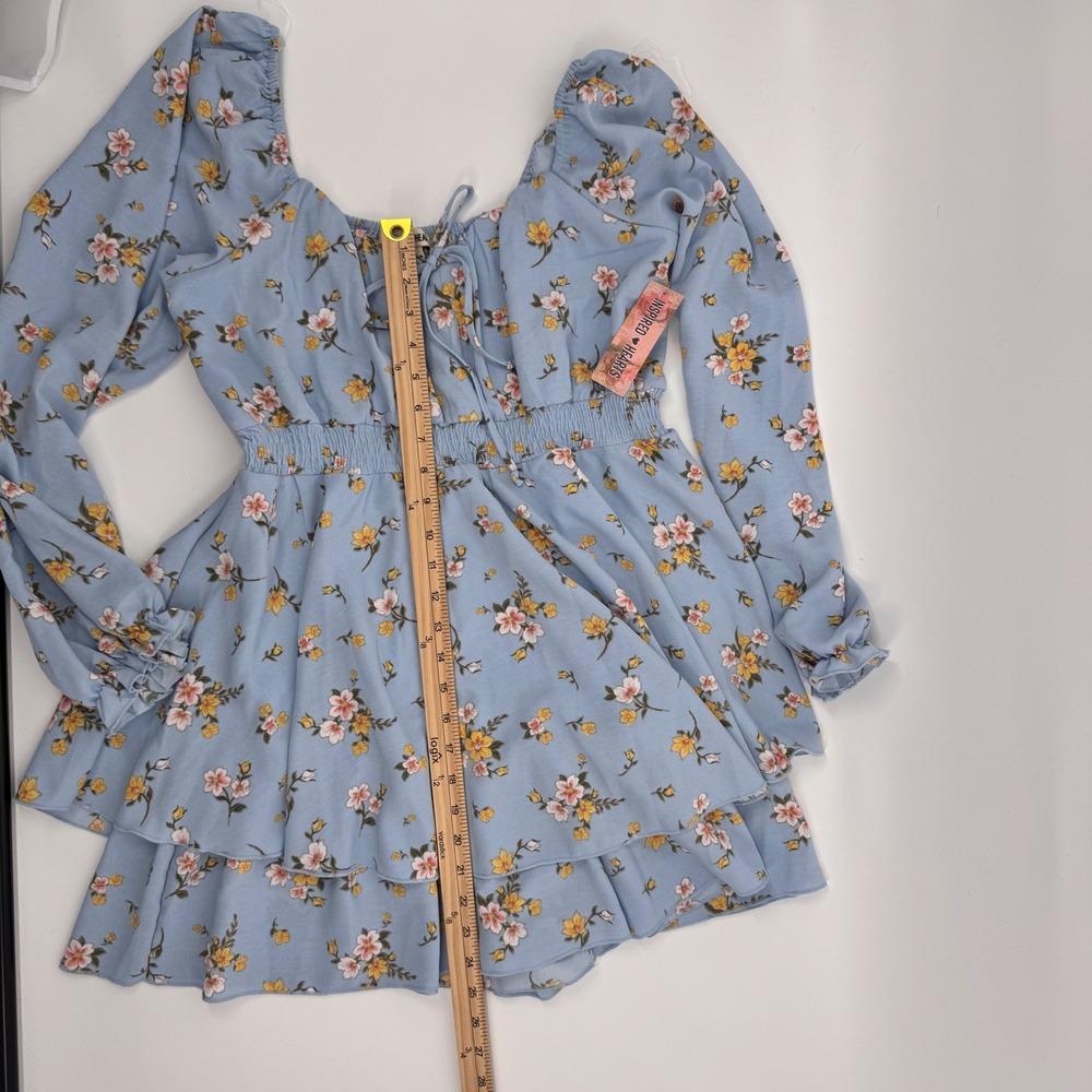 Inspired Hearts Blue Floral Long Sleeve Romper Dress Smocked Tie Women's Size L - Picture 8 of 11